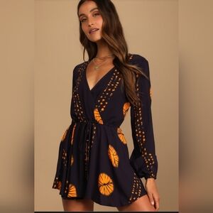 Lulu's Chic Purple Romper with Orange Accents Flowy Shorts Women's Size Medium